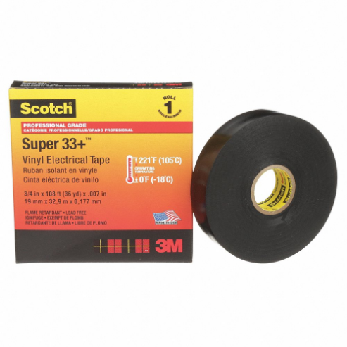 3M 33+-3/4X36YD-1 Electrical Tape, Gen Purpose, Vinyl, 3/4 x 108 Feet Size, Black | CN2TPZ 33-3/4x36YD / 2DPU6