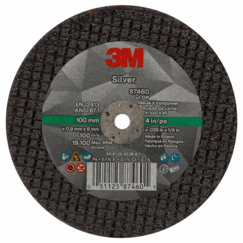3M 87460 Abrasive Cut Off Wheel, 4 Inch Diameter, Ceramic Grain, 0.035 Inch Thick, Type 1 | CF2UHB 450Y19