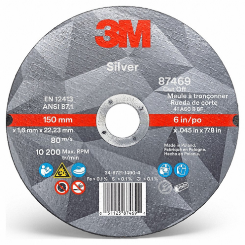 3M 87469 Abrasive Cut Off Wheel, 6 Inch Diameter, Ceramic Grain, 0.45 Inch Thick, Type 1 | CF2UGM 450Y34