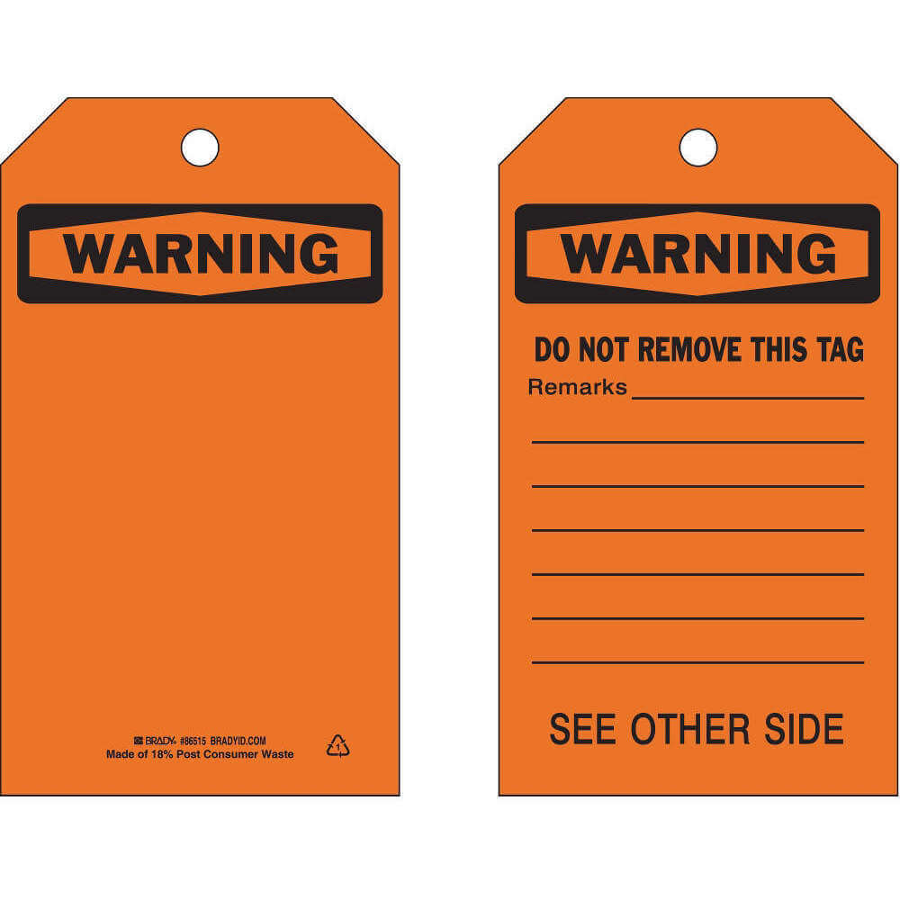 BRADY 86515 Warning Tag 7 x 4 Inch Black/orange 3/8 Inch - Pack Of 10 | AF4JJR 8YAD3