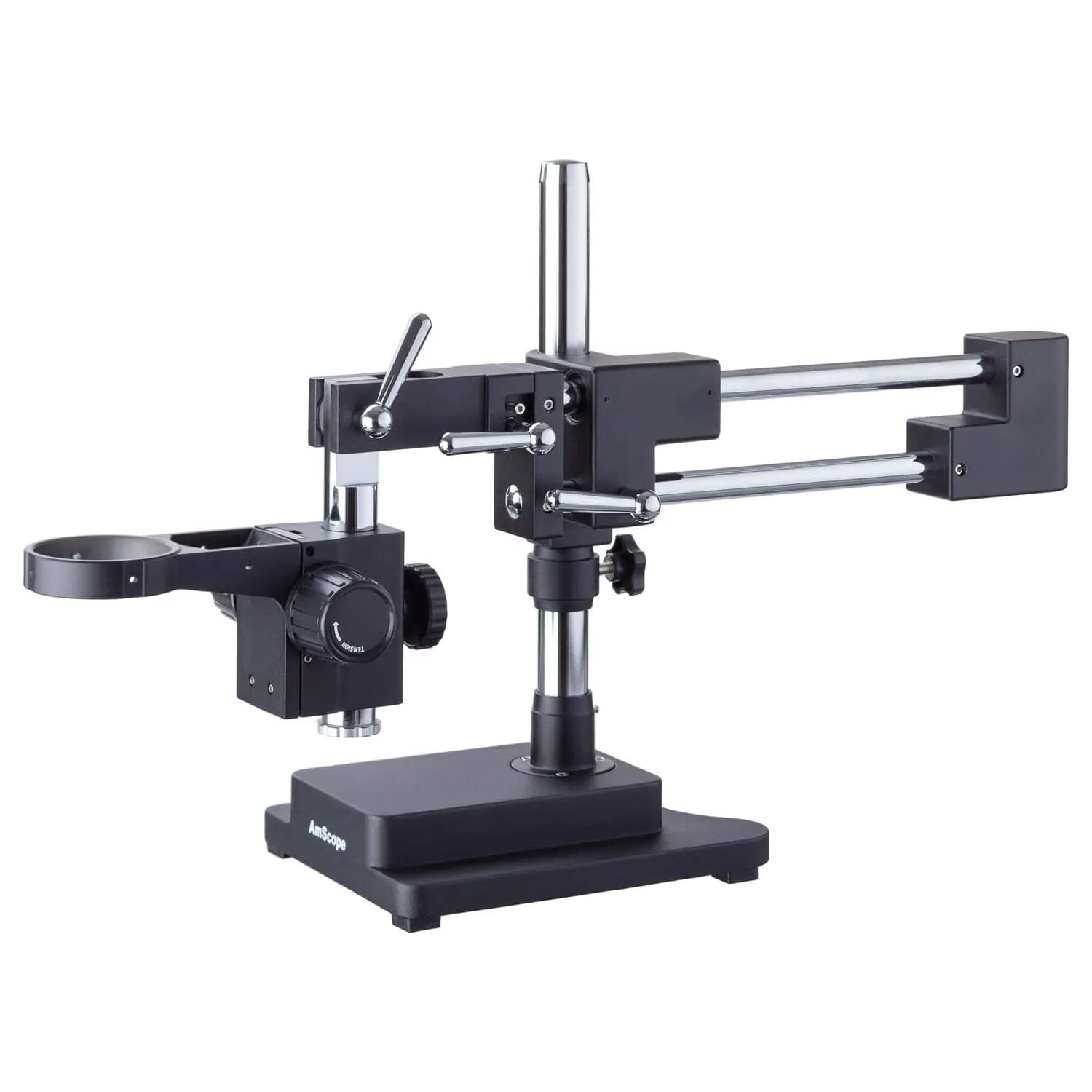 Double Arm Boom Stand for Stereo Microscopes, Steel Arms, Tube Mount, 76mm Focus Block