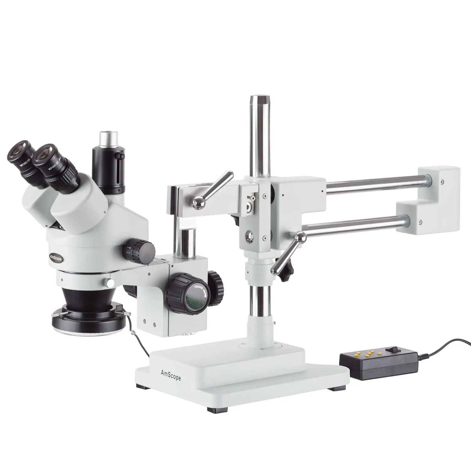 3.5X-45X Trinocular Boom-Arm Stereo Microscope, 144-LED Multi-Zone Ring Light