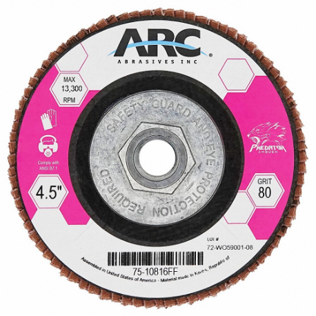 ARC ABRASIVES 75-10856FF Flap Disc, Type 27, 7 Inch x 5/8 11, Ceramic, 80 Grit, Fiberglass Bk, Std Density | CN8QCM 804C73