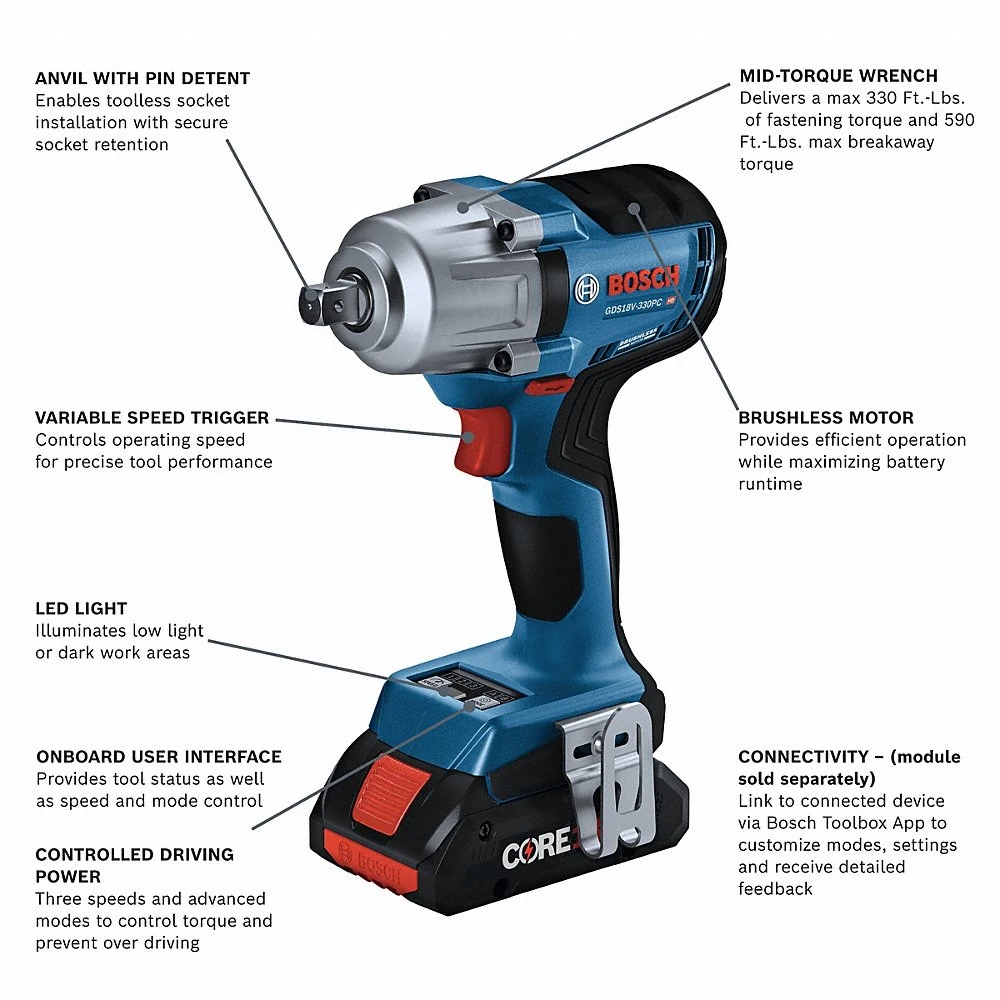 Impact Wrench, 1/2 Inch Drive Size, 330 ft-lb Fastening Torque, 590 ft-lb Breakaway Torque