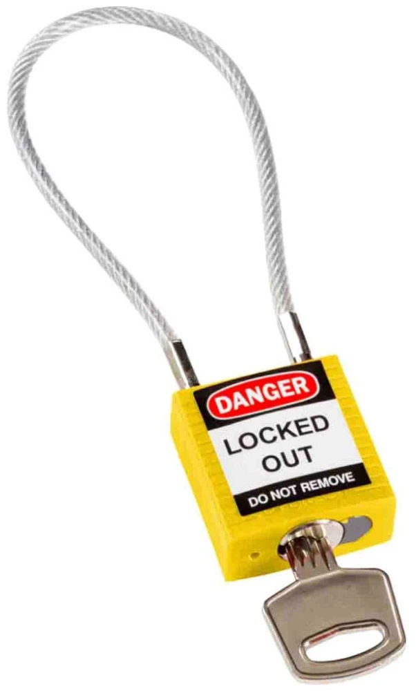 Cable Safety Padlock With Label, 4-3/16 Inch Height Clearance Steel Cable, Yellow