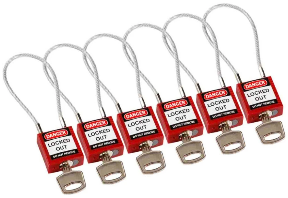 Cable Safety Padlock, Keyed Alike, 4-3/16 Inch Height, Clearance, Steel Cable, Red