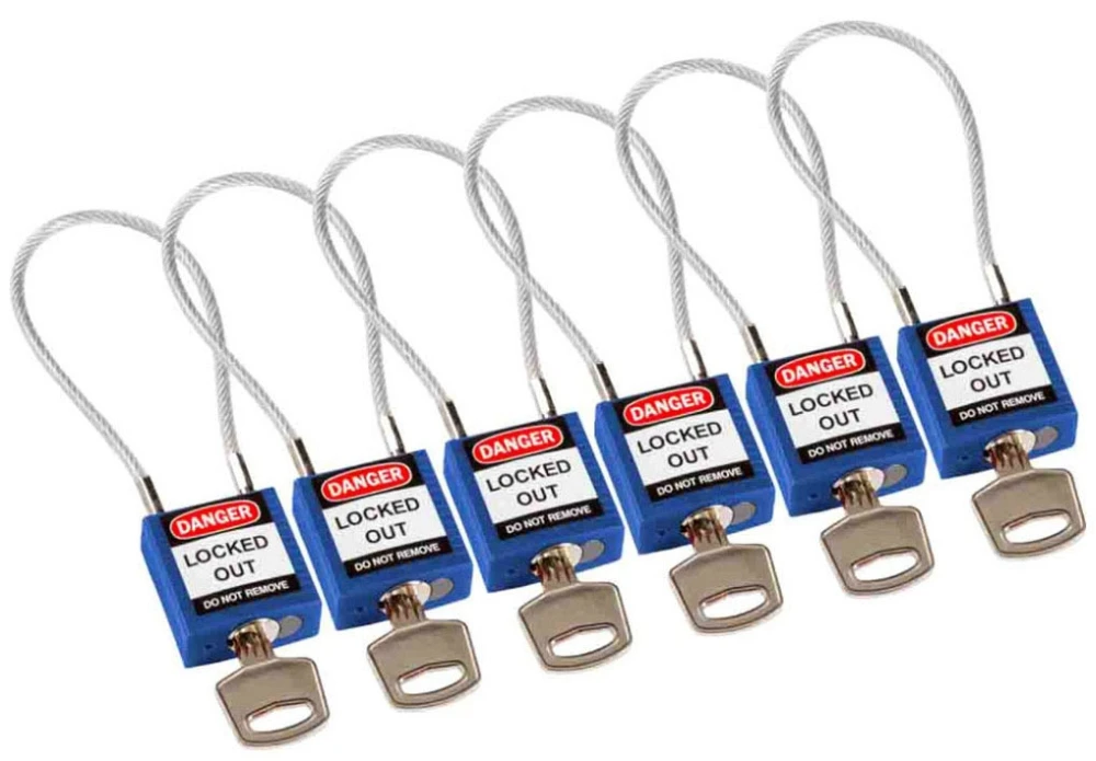 Cable Safety Padlock, Keyed Alike, 4-3/16 Inch Height, Clearance Steel Cable, Blue