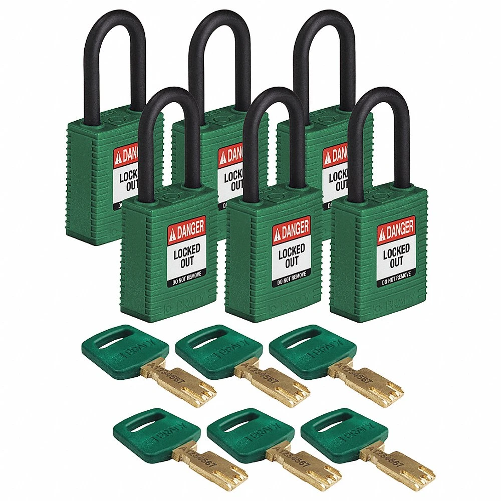 Lockout Padlock, Keyed Different, Nylon, Standard Body Size, Plastic, Green, 6PK