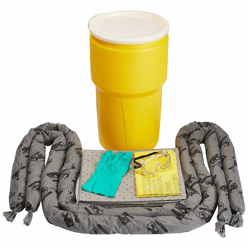 Spill Kit, 12 gal Volume Absorbed Per Kit, 14 gal Drum, 1 Pr Goggles/1 Pr Nitrile Gloves