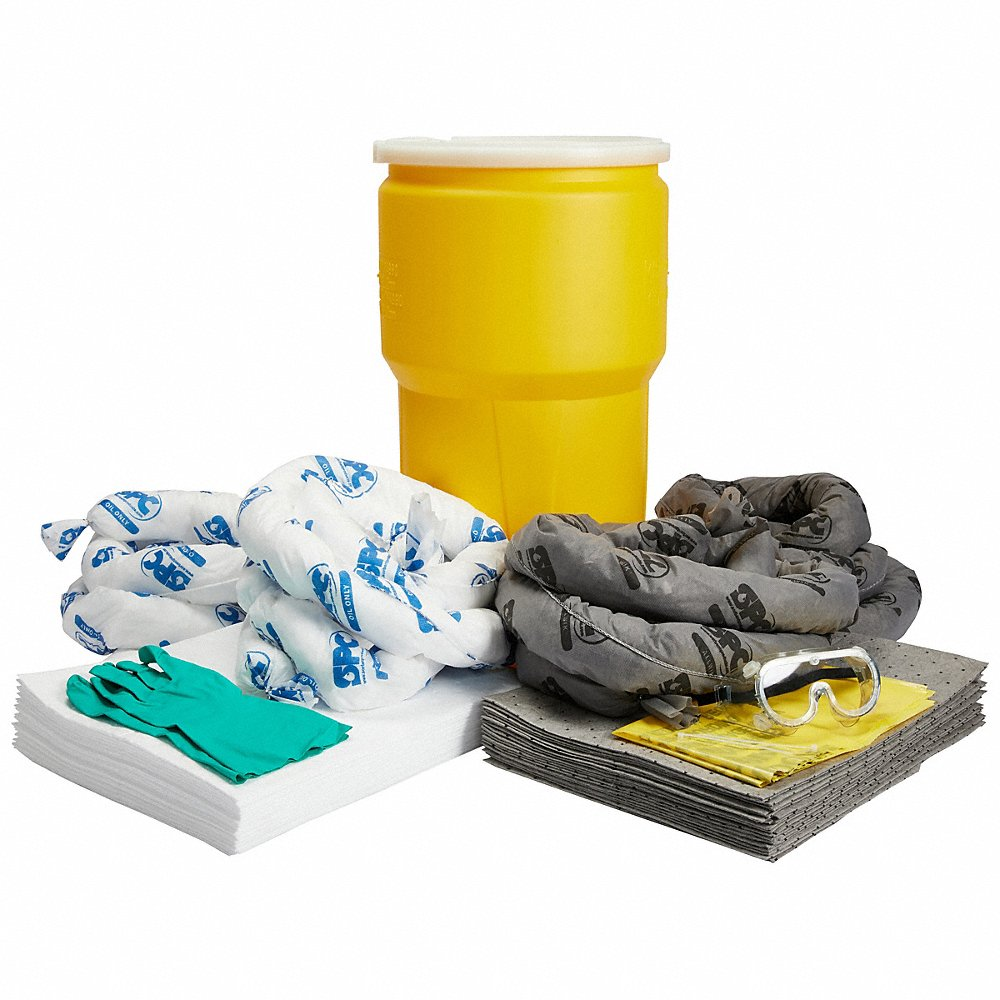 Spill Kit, 13 gal Volume Absorbed Per Kit, 14 gal Drum, 1 Pr Goggles/1 Pr Nitrile Gloves