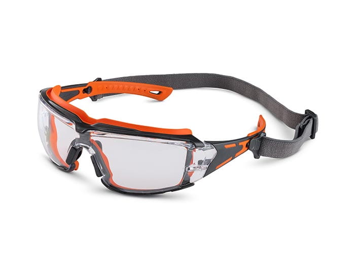 Safety Glass, Clear Lens, Black/Orange Frame, Anti Fog, 300PK
