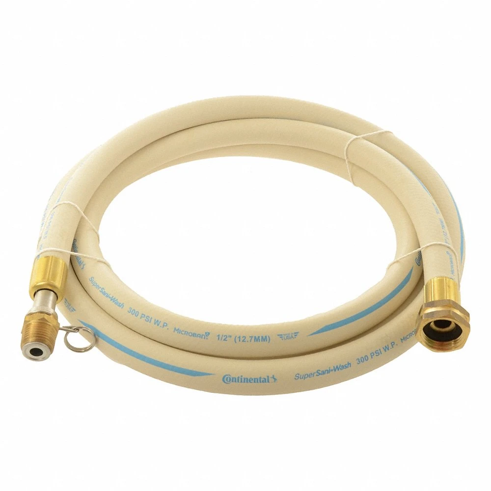 Washdown Hose, 3/4 Inch ID, 300 PSI, -40 Deg to 210 Deg F, White, 100 ft Hose Lg, Brass
