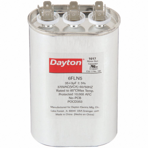DAYTON 6FLN5 Motor Dual Run Capacitor, Oval, 370V AC, 35/3 mfd, 4 5/8 Inch Overall Height | CR2XZF