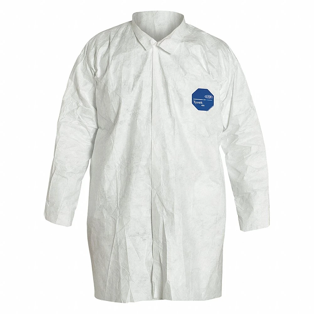 Disposable Lab Coat, Mandarin Collar, Open Cuff, Polyethylene, White, 30PK