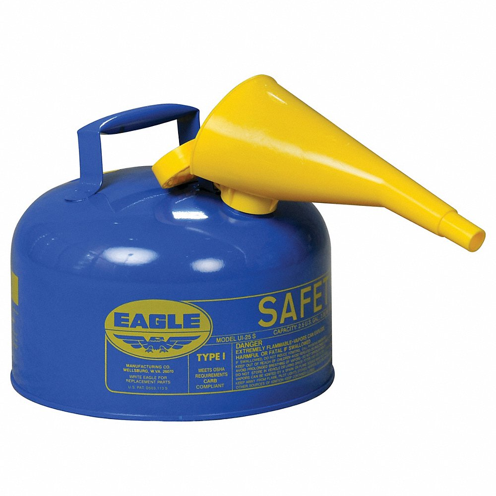 EAGLE UI-25-FSB Type I Metal Safety Can w/ F-15 Funnel, 11-1/4 Dia x 10 H, 2-1/2 Gal, Blue | AG8DFY