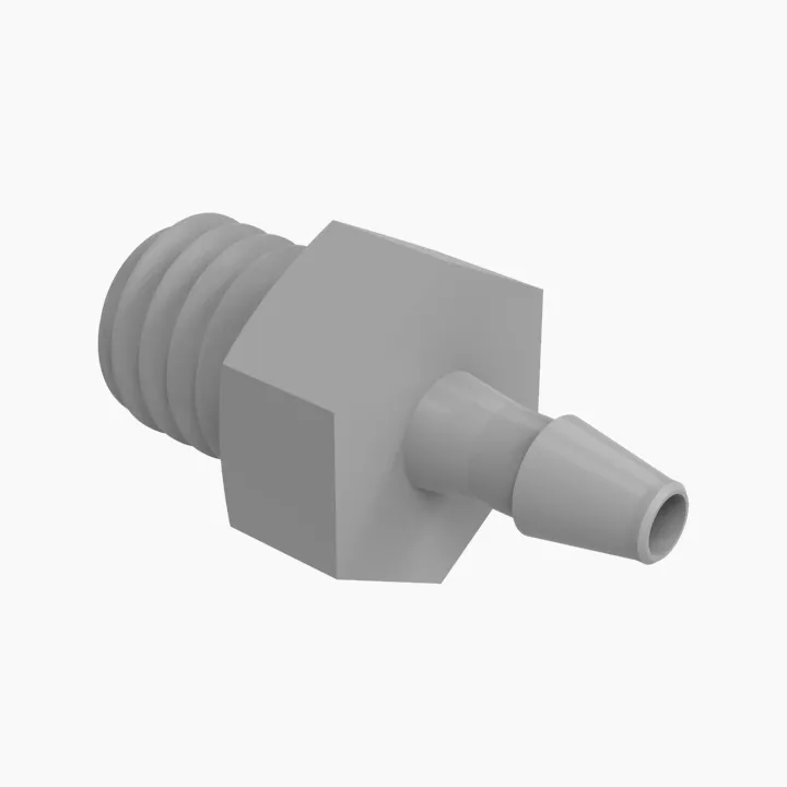 Adapter, 10-32 Extended Thread Size, 1/16 Inch Barb, Grey Kynar 740