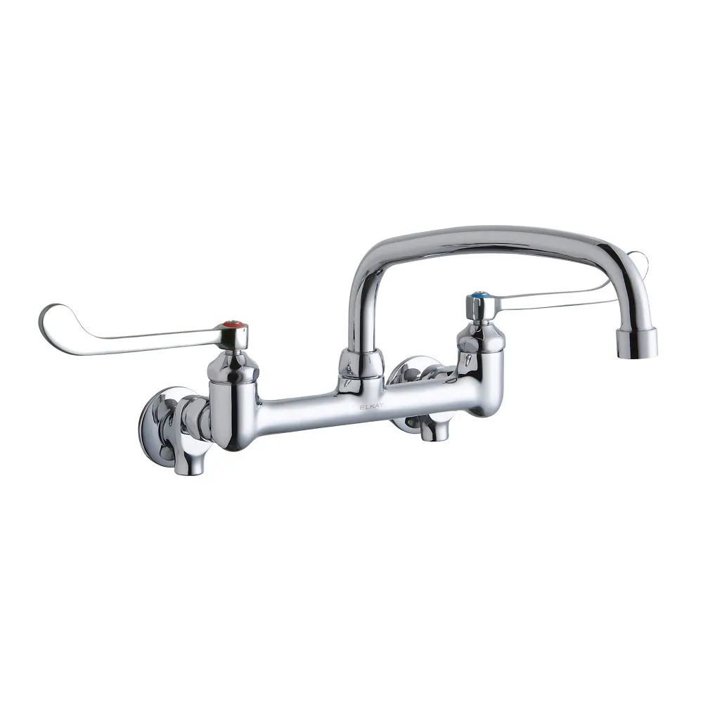 Wall Mount Faucet With 12 Inch Arc Tube Spout, 6In Wristblade Handle 1/2 Inch Offset Inlet