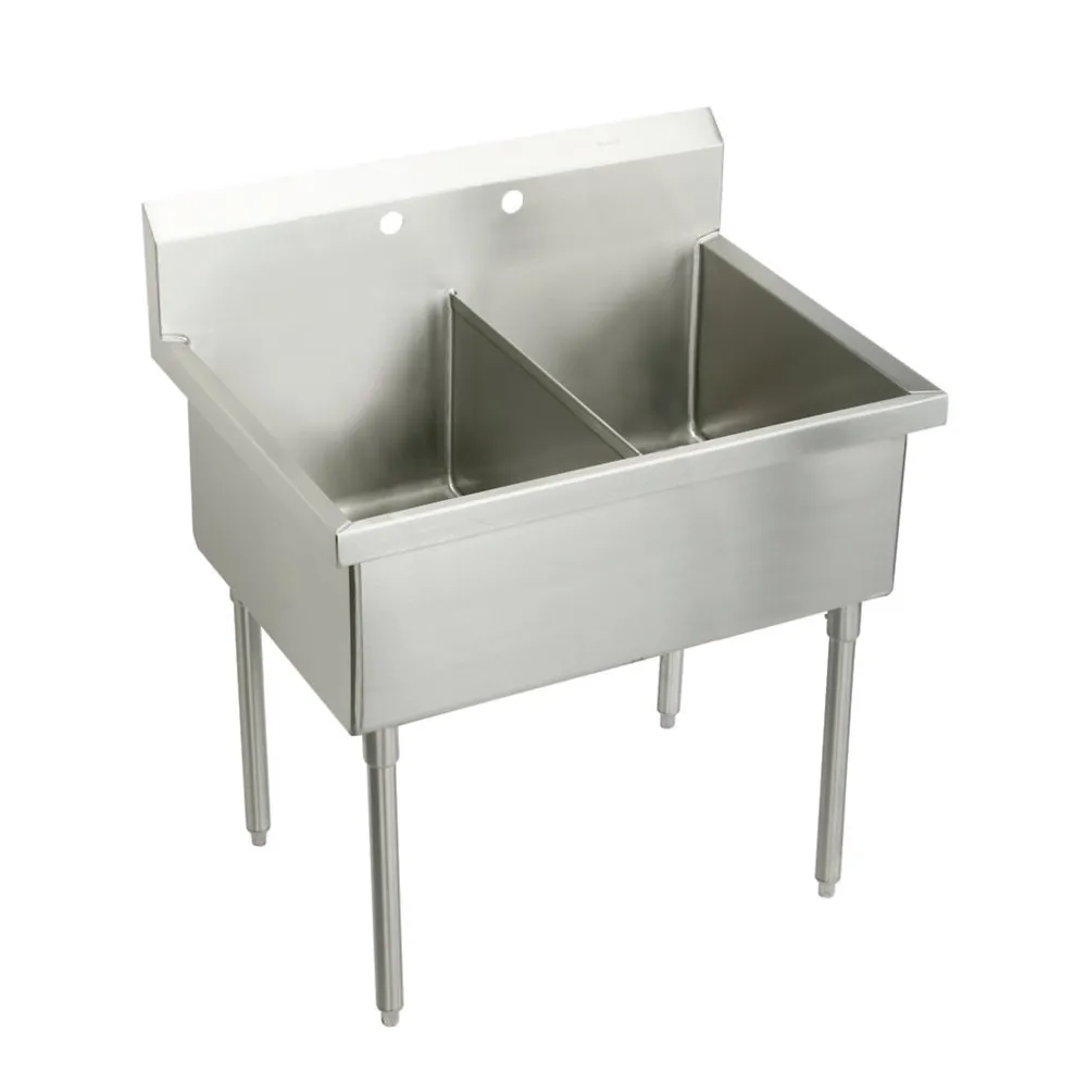 Stainless Steel 63 x 27-1/2 x 14 Inch Floor Mount Double Compartment 2-Hole Scullery Sink