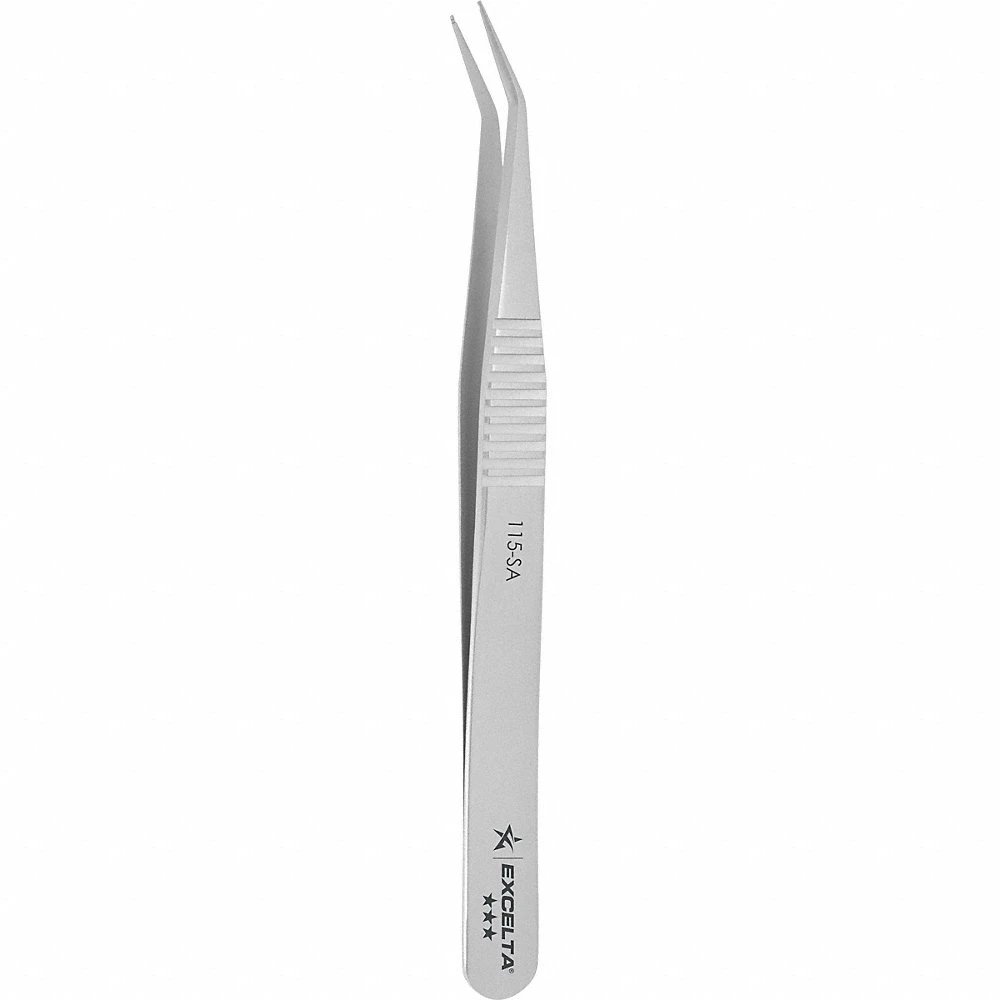 Tweezers, 4 1/4 Inch Length, Stainless Steel, Cylinder, Bent Tip