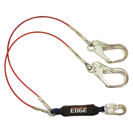 Shock-Absorbing Lanyard, Shock Pack, Aluminum Rebar Hook, Aluminum Snap Hook, 2 Legs, Red