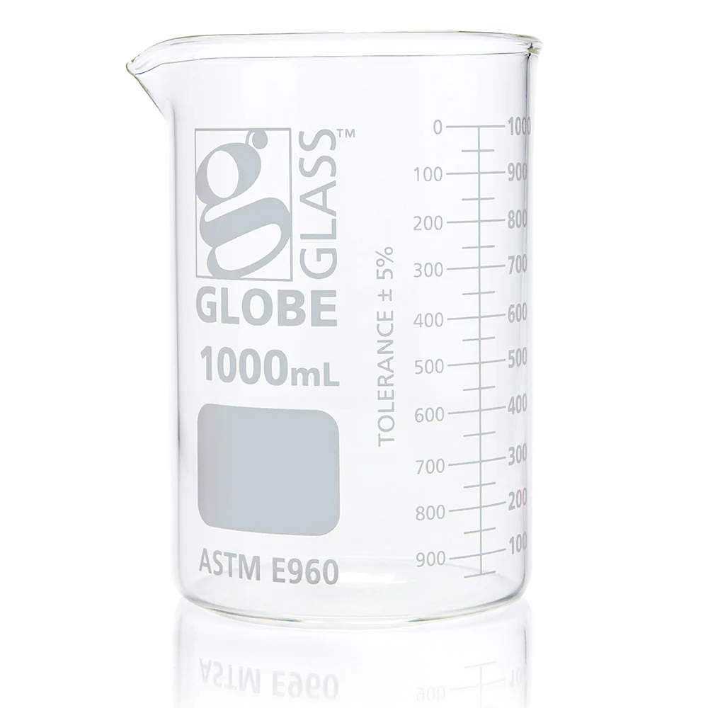 GLOBE SCIENTIFIC 8011000 Beaker, Borosilicate Glass, 33.78 oz Labware Capacity, Reusable, 6 Pack | CP6MAR 793VY9