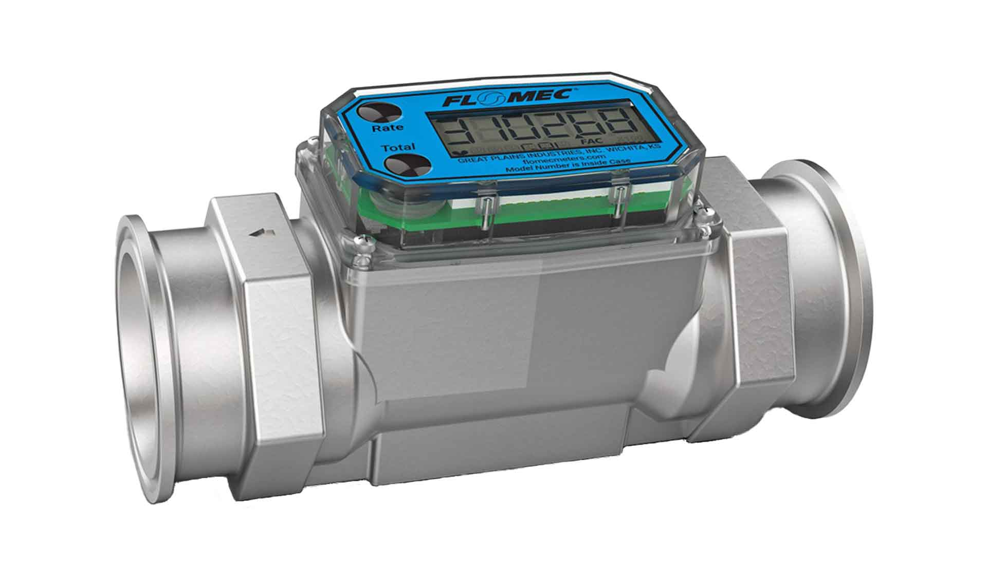 Turbine Flow Meter, 10-100 GPM, Battery Powered Display, 2 Inch Tri-Clamp Connection