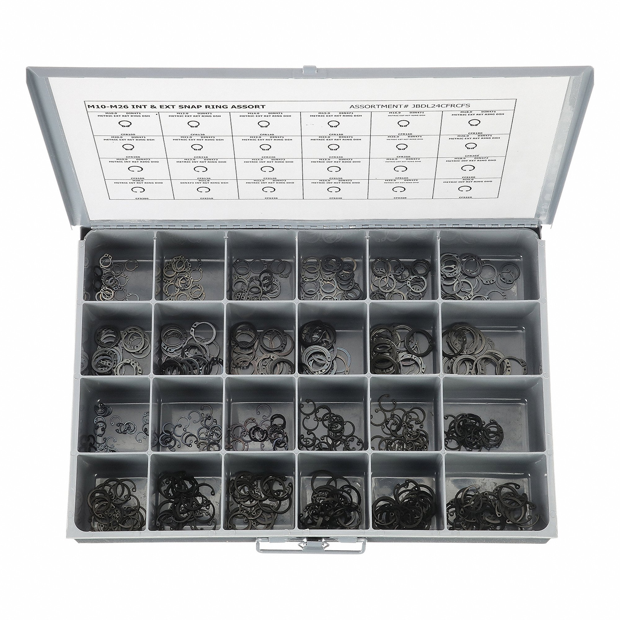GRAINGER JBDL24CFRCFS Retaining Ring Assortment, Steel, Internal and External Type, 600 Pieces | CG9VYW 402K16