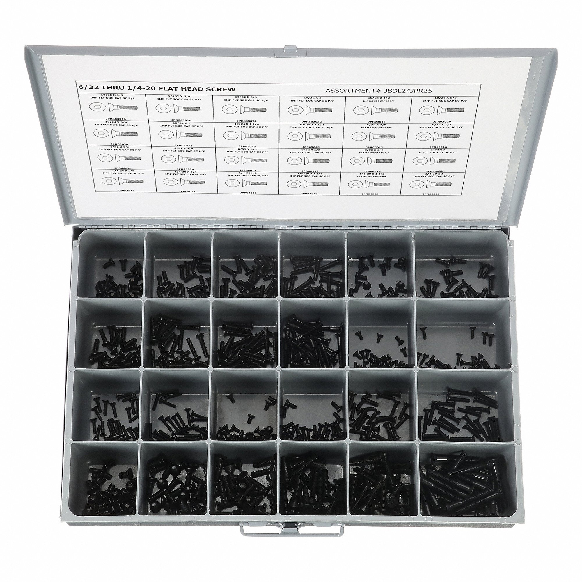 GRAINGER JBDL24JPR25 Socket Cap Screw Assortment, Flat, 24 # Of Sizes, 600 PK | CQ4XMP 402K41