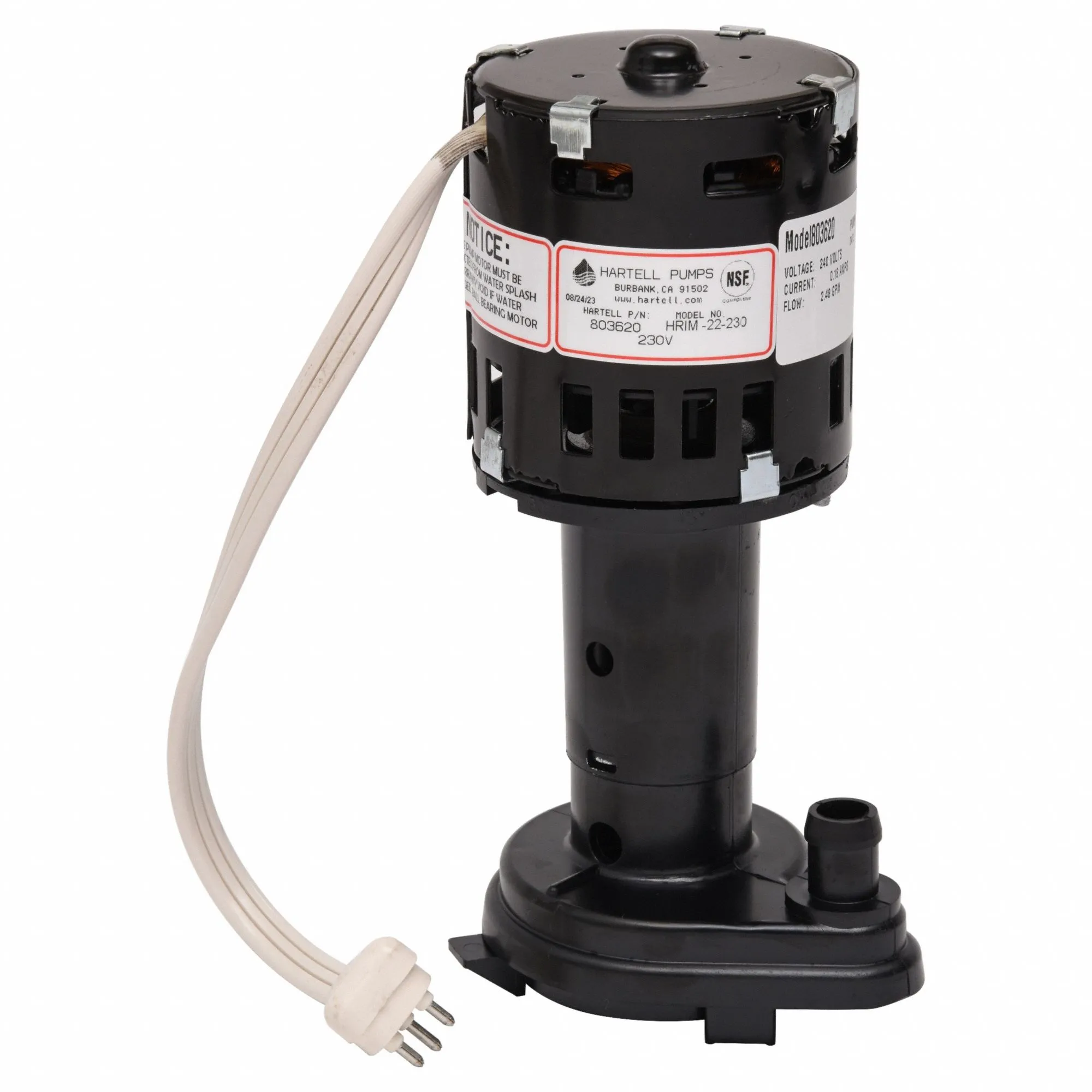 Ice Machine Pump, 1/6 HP, 230 VAC, 0.16 A, 3 ft. Max Lift, 2.3 GPM