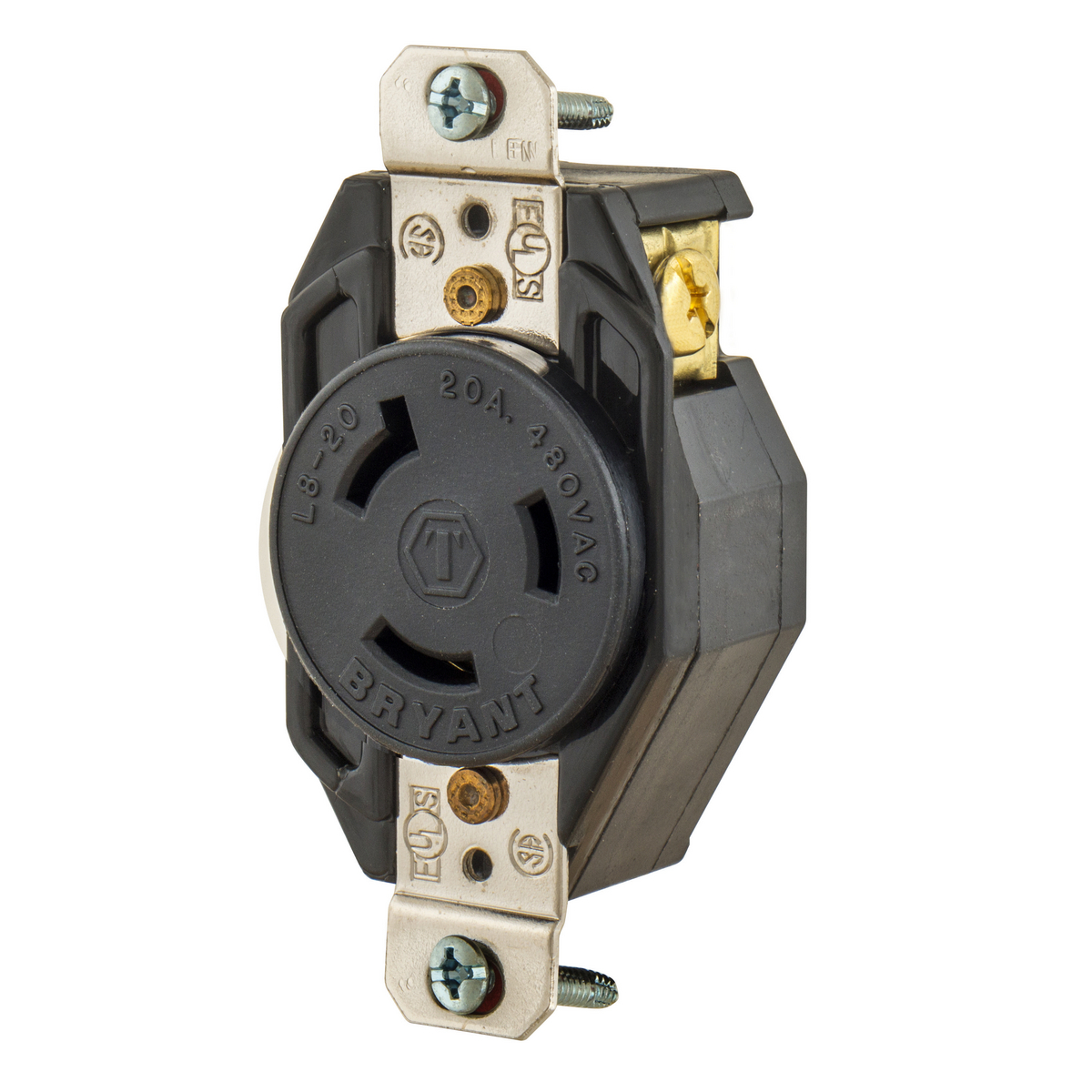 BRYANT 70820FR Industrial Heavy Duty Single Locking Blade Receptacle, 20A, 480 VAC, 1-Phase, 2-Pole | CV6VKH