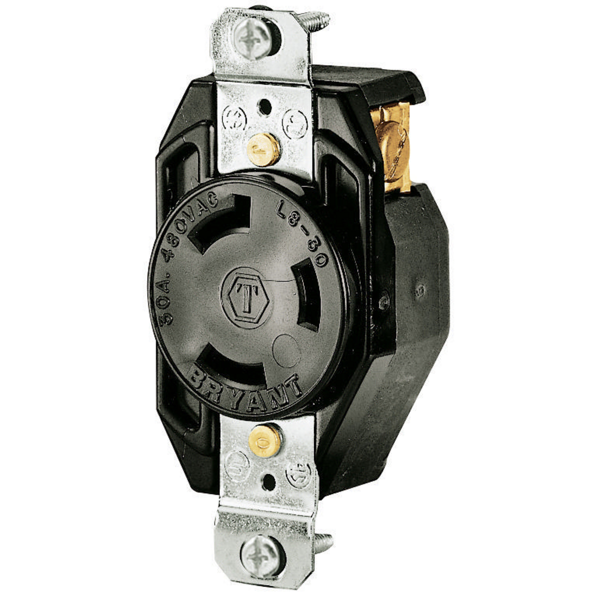 BRYANT 70830FR Industrial Heavy Duty Single Locking Blade Receptacle, 30A, 480 VAC, 1-Phase, 2-Pole | CV6VKJ