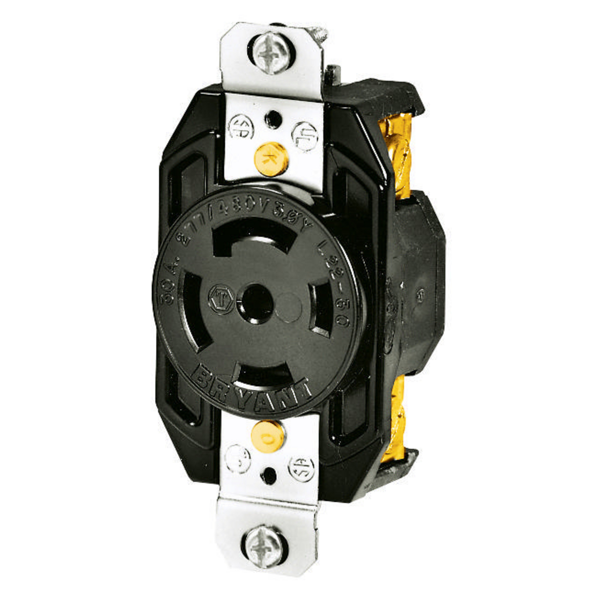BRYANT 72230FR Industrial Heavy Duty Single Locking Blade Receptacle, 30A, 277/480 VAC, 3-Phase, 4-Pole | CV6VKV