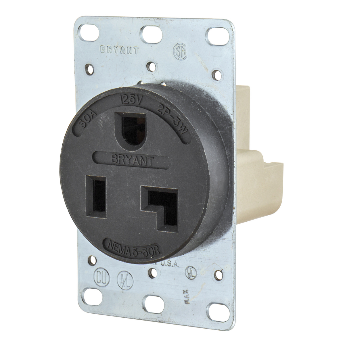 BRYANT 9530FR Industrial Heavy Duty Single Straight Blade Receptacle, 30A, 125 VAC, 1-Phase, 2-Pole | CV6VKW