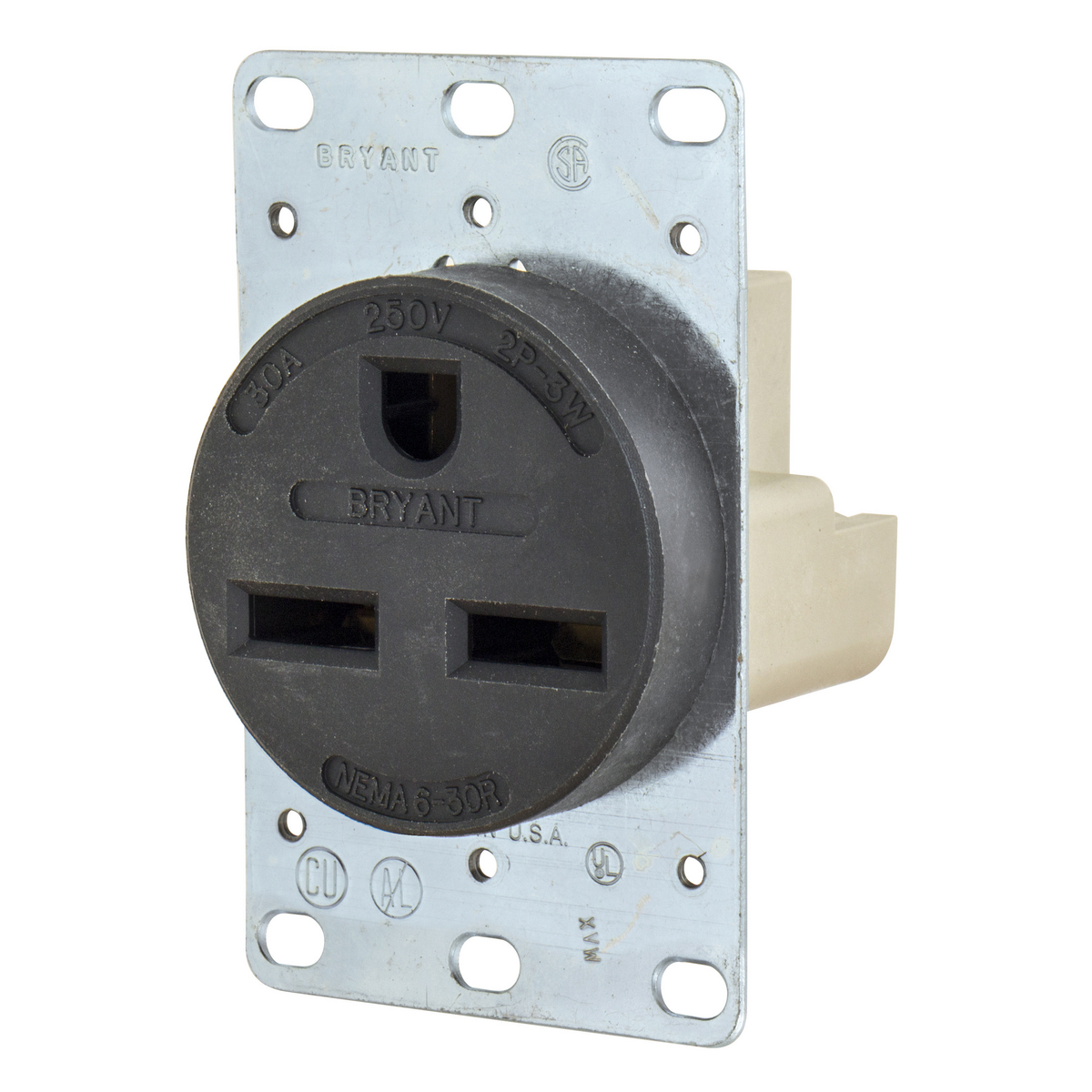 BRYANT 9630FR Industrial Heavy Duty Single Straight Blade Receptacle, 30A, 250 VAC, 1-Phase, 2-Pole | CV6VKX