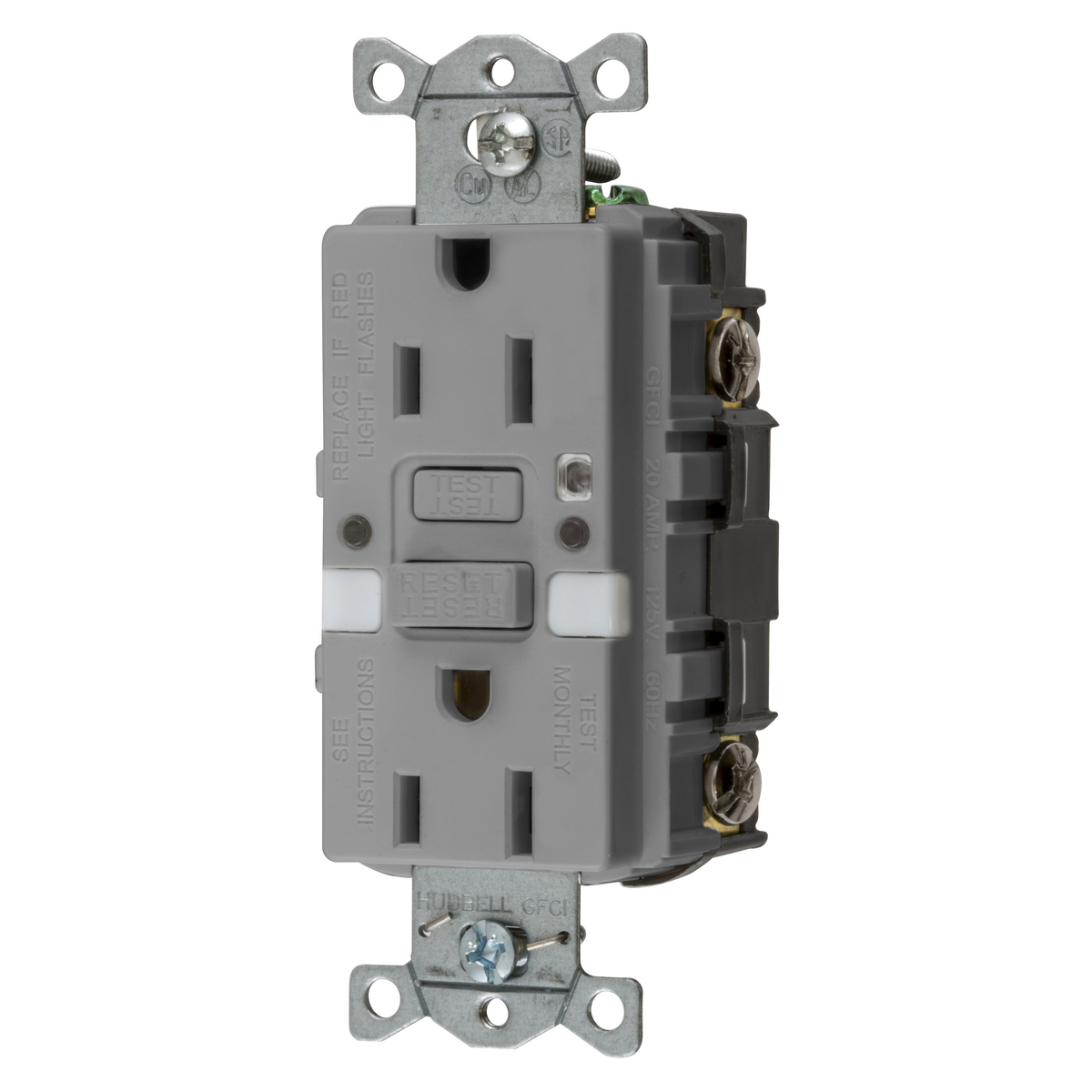HUBBELL WIRING DEVICE-KELLEMS GFRST15GYNL Gfci Receptacle, Self Test, 15A 125V, 5- 15R, With Nightlight, Gray | BD3XPC