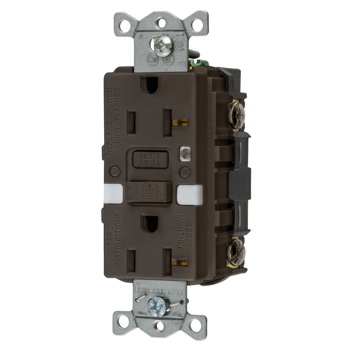 HUBBELL WIRING DEVICE-KELLEMS GFRST20NL Gfci Receptacle, Self Test, 20A 125V, 5- 20R, With Nightlight, Brown | BD3QBT