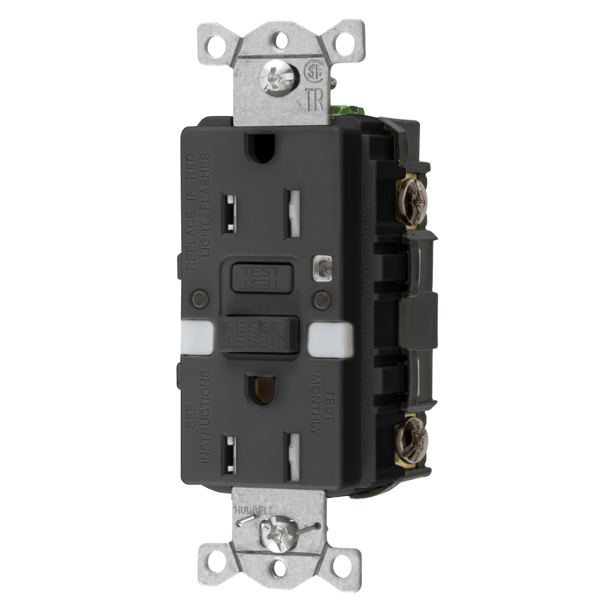HUBBELL WIRING DEVICE-KELLEMS GFTRST15BKNL Gfci Receptacle, Self Test, 15A 125V, 5- 15R, With Nightlight, Black | BD4PFN