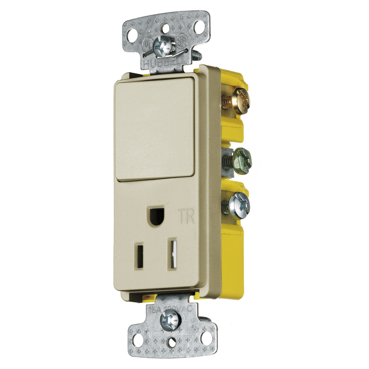 HUBBELL WIRING DEVICE-KELLEMS RCD308ITR Rocker Switch, Three Way, Single Receptacle, 15A, 120VAC, Ivory | BD4ZEG