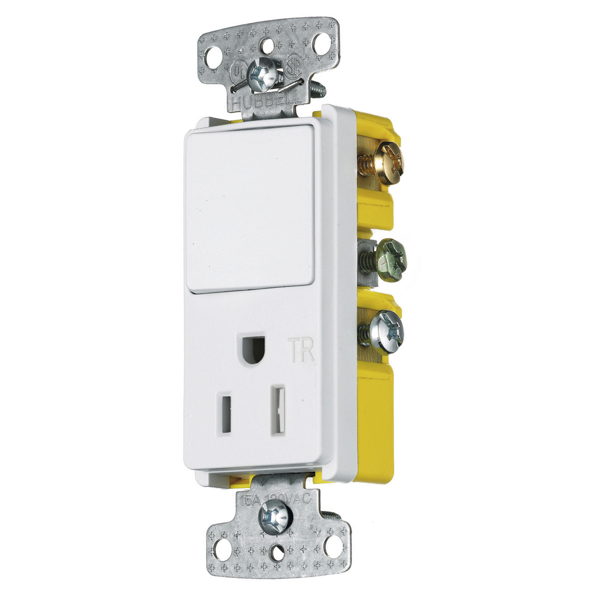 HUBBELL WIRING DEVICE-KELLEMS RCD308WTR Rocker Switch, Three Way, Single Receptacle, 15A, 120VAC, White | BD2RJY