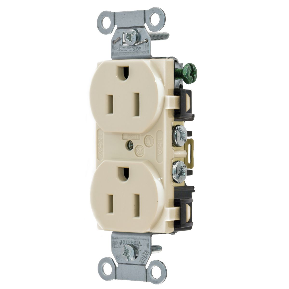 HUBBELL WIRING DEVICE-KELLEMS 5252ALA Straight Receptacle, Duplex, 15A 125V, Light Almond | BC9LQW