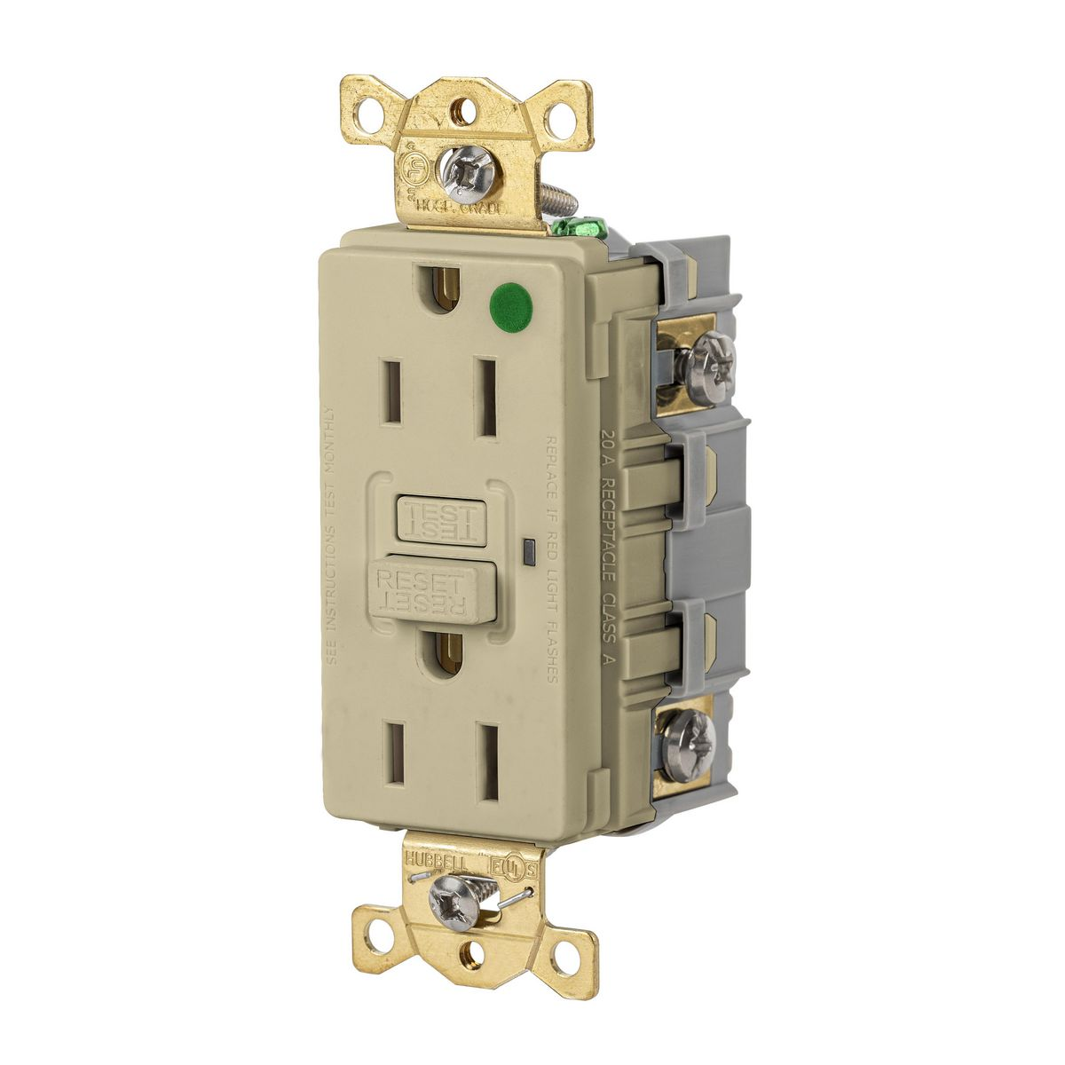 HUBBELL WIRING DEVICE-KELLEMS GFRST82I Gfci Receptacle, 15A 125V, 2-P 3-W Grounding, 5-15R, Ivory | AH8ZZX 39EA35