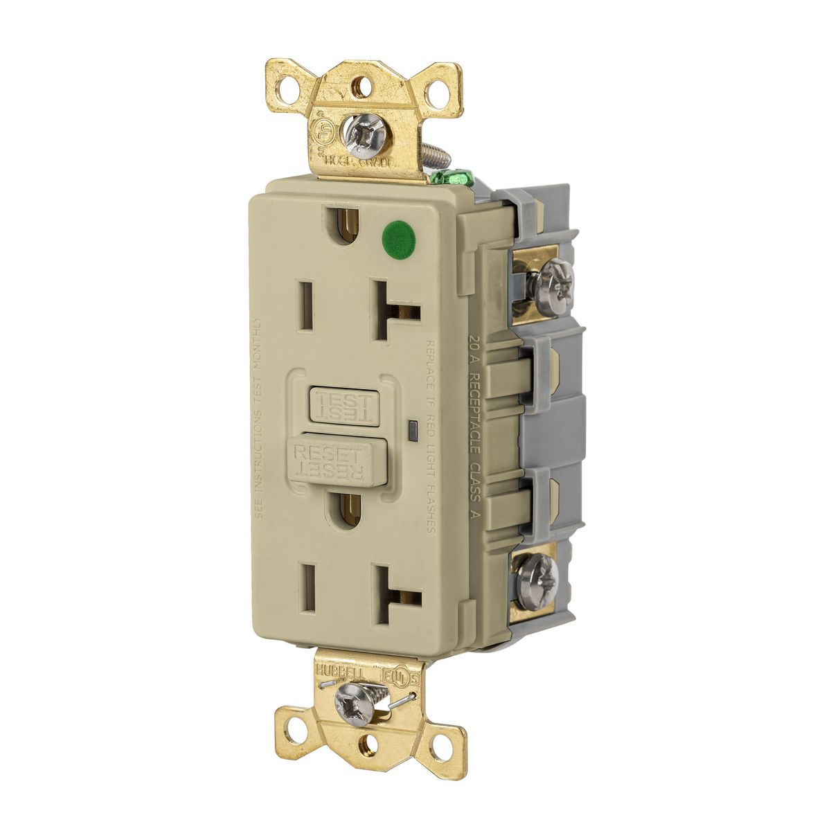 HUBBELL WIRING DEVICE-KELLEMS GFRST83I Gfci Receptacle, 20A 125V, 2-Pole 3-Wiregrounding, 5-20R, Ivory | AH9AAD 39EA41