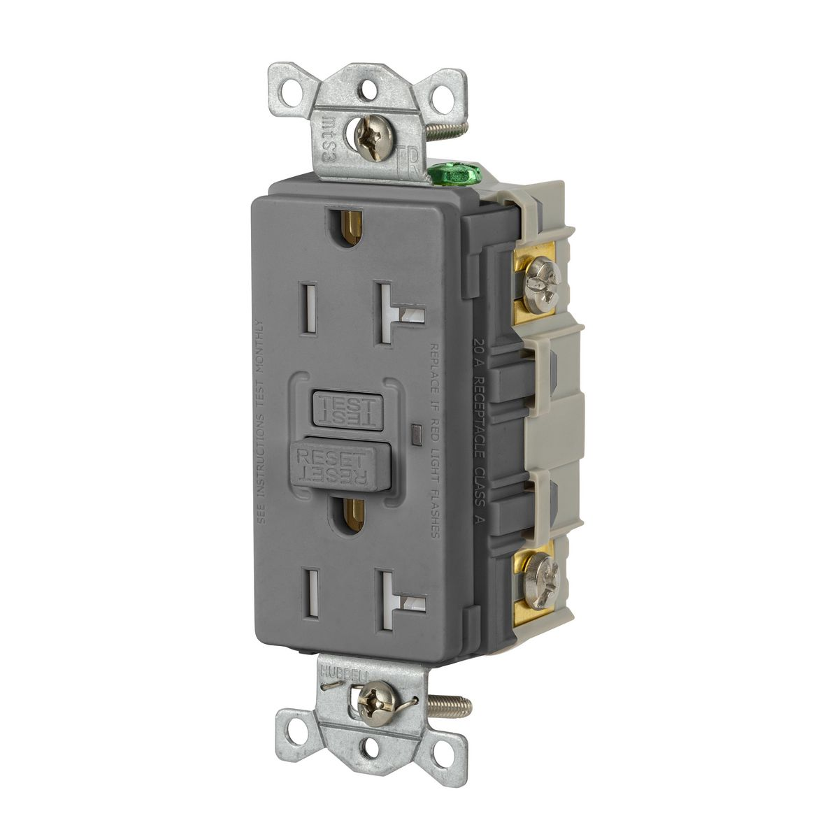 HUBBELL WIRING DEVICE-KELLEMS GFTRST20GY GFCI Receptacle, Commercial, Decorator Duplex, Flush Mount, 20A, Gray | BD4LVB 45UF38