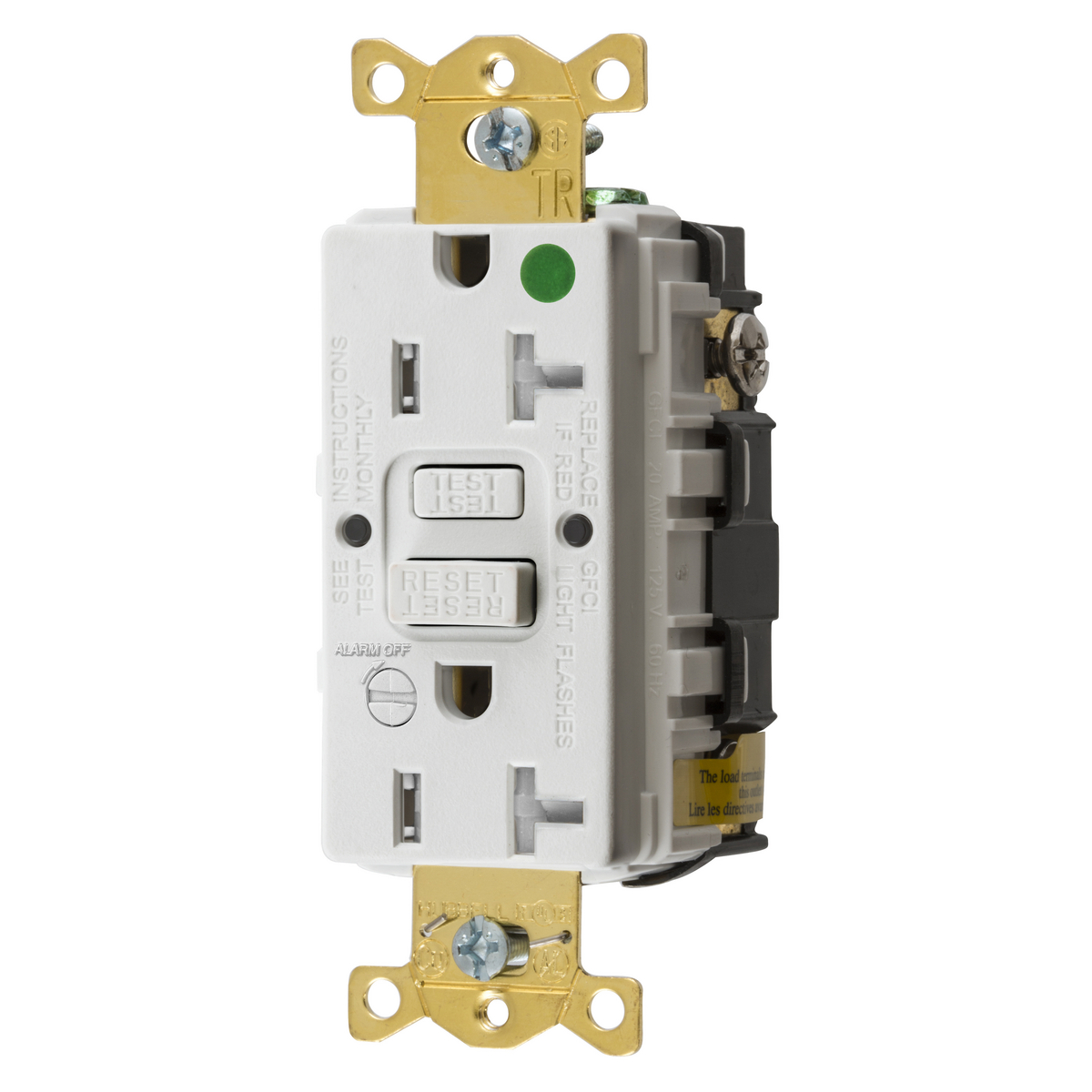 HUBBELL WIRING DEVICE-KELLEMS GFTRST83WB Gfci Receptacle, 20A 125V, 5-20R, Leaded, White, With Alarm | BD3THG