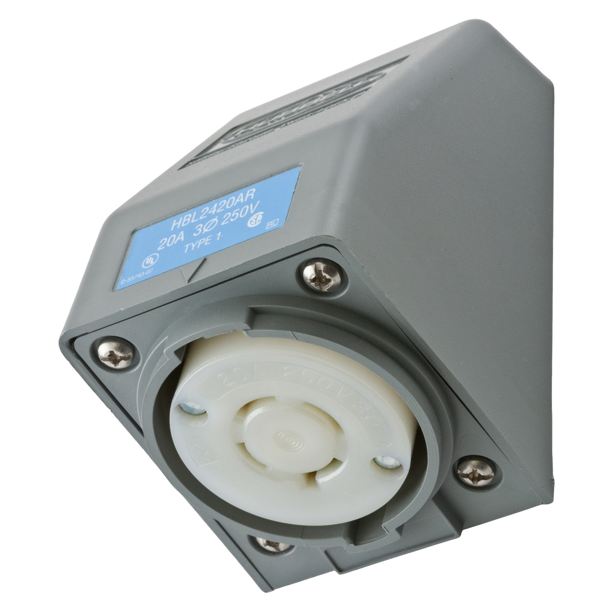 HUBBELL WIRING DEVICE-KELLEMS HBL2420AR Angled Receptacle, One Gang, 20A, 3-Phase, Delta, 250VAC, 3-Pole | AD6ZHK 4CT92