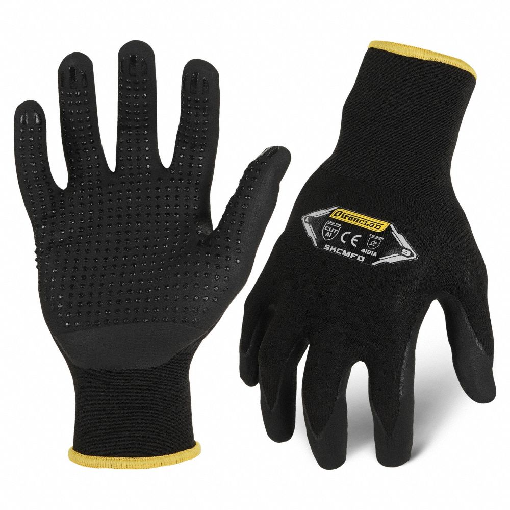 Knit Work Glove, S- 7, Dotted, Nitrile, Palm, Dotted, ANSI Abrasion Level 4, Black, 1 Pair