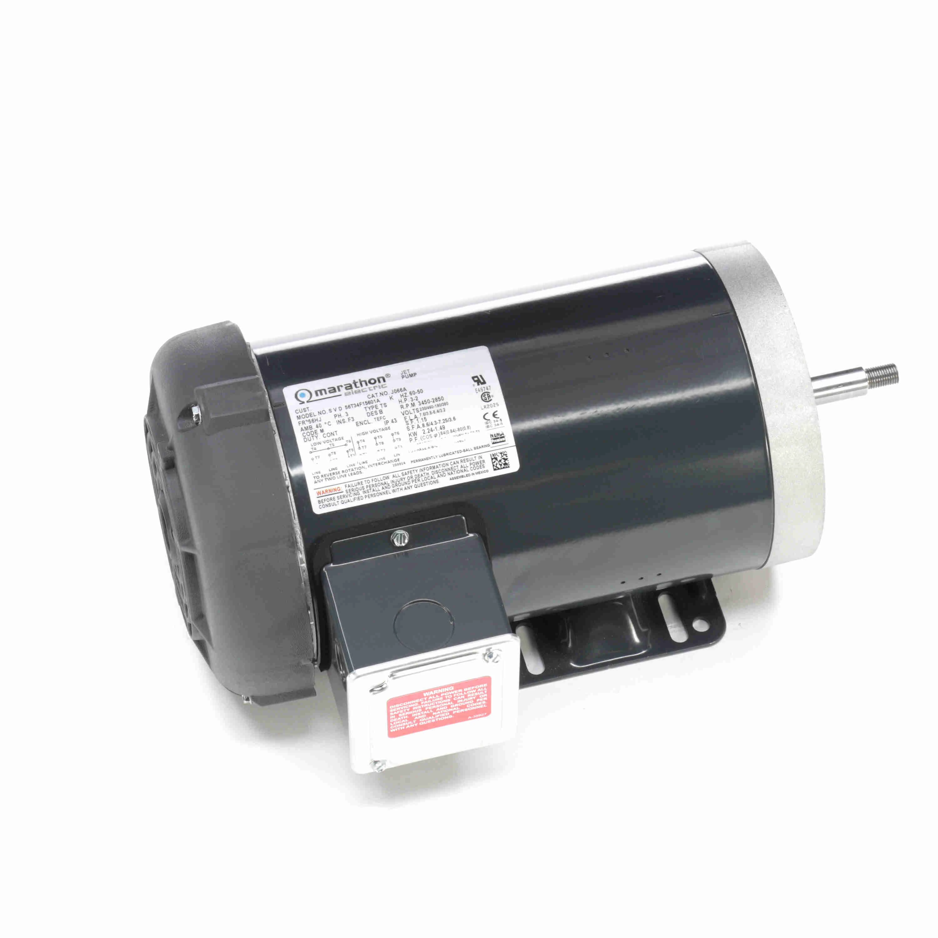 MARATHON MOTORS 056T34F15601 Jet Pump Motor, Totally Enclosed Fan-Cooled, Face/Base Mounting, 3 HP, 230/460V AC | CT2FWB 53DE38