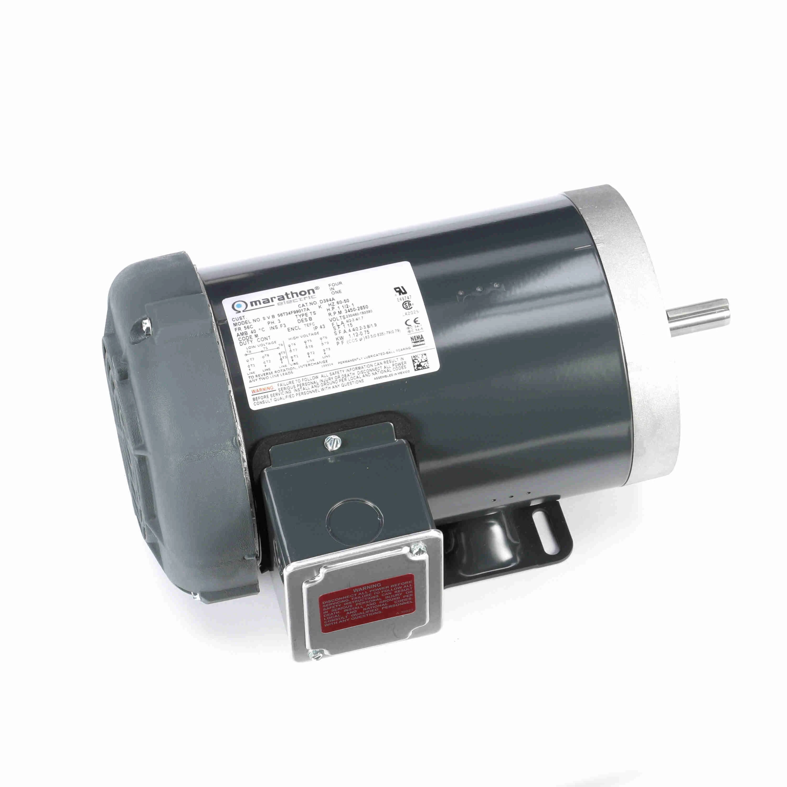 MARATHON MOTORS D394A AC Induction Motor, General Purpose, Inverter Rated And 4-In-1, 1-1/2Hp, 3-Phase | CV6LEB