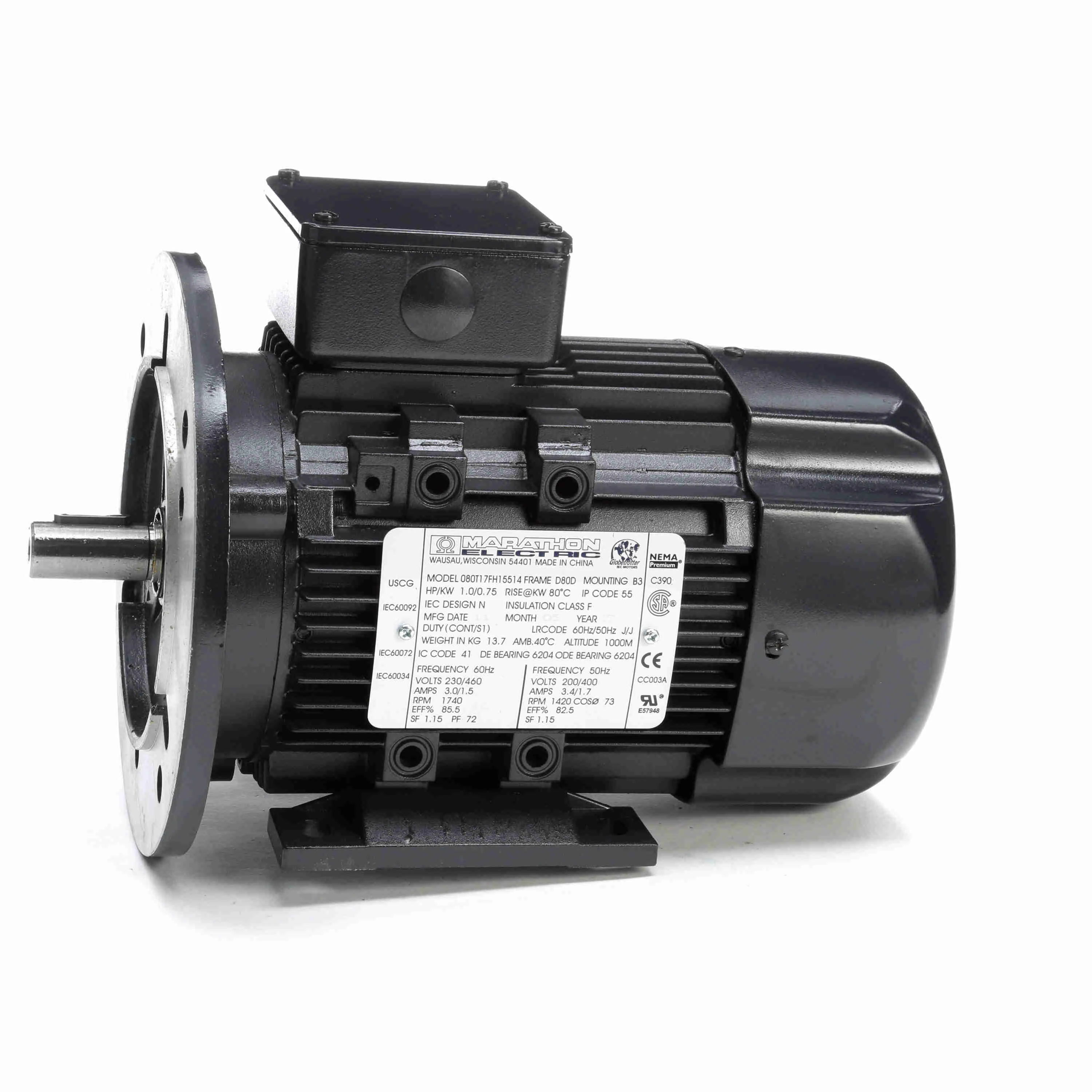 IEC Aluminium Motor, 1 HP, 3 Phase, 60/50 Hz, 230/460 and 200/400V, 1800 and 1500 RPM