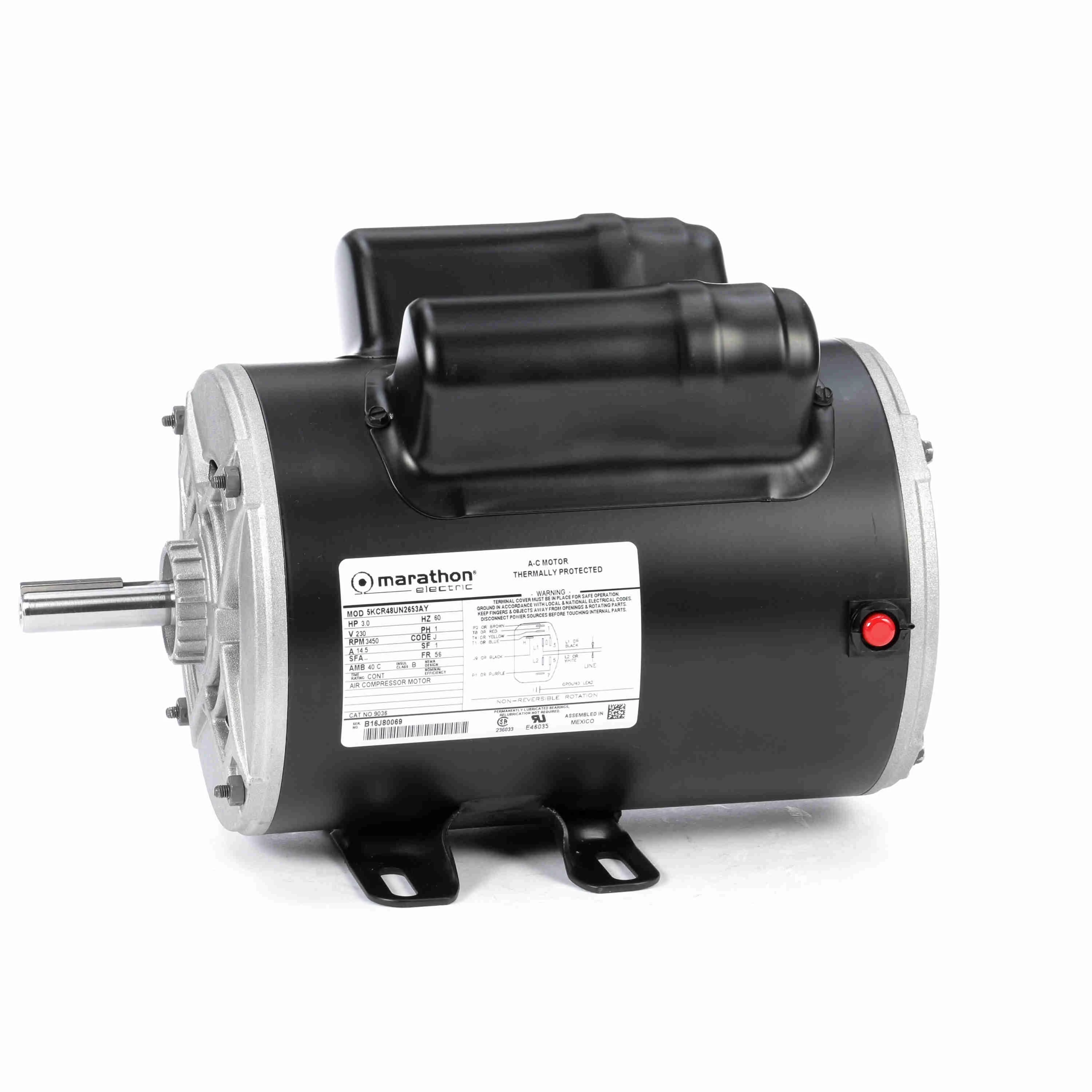 LEESON 5KCR48UN2653Y Air Compressor Motor, Capacitor Start, 3 HP, 3450 RPM, 230V AC | CH9NVL 61KN14